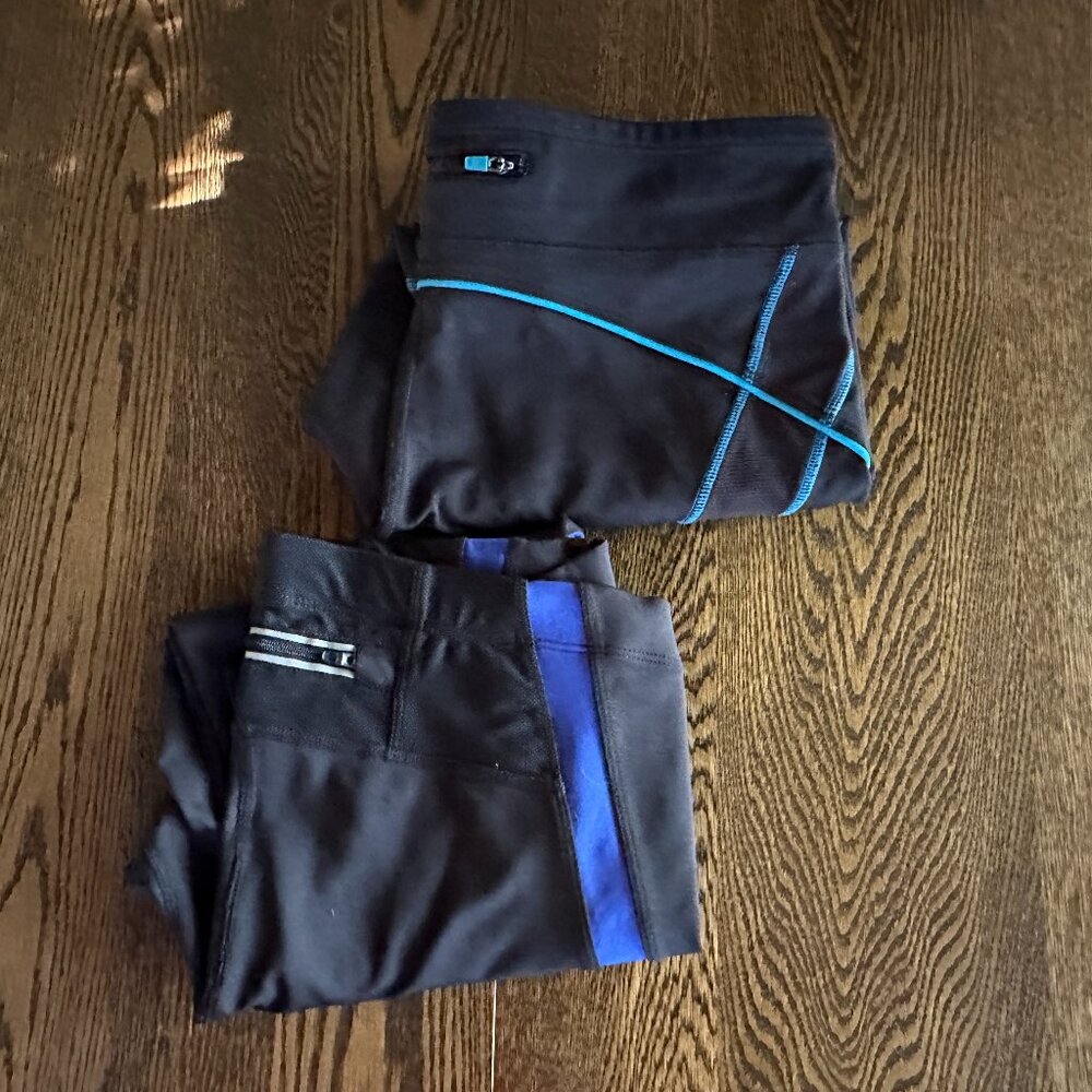 Black Capris with Blue Accent Stripes& Drawstring Waist ~ Size Medium ~ 2 Pairs